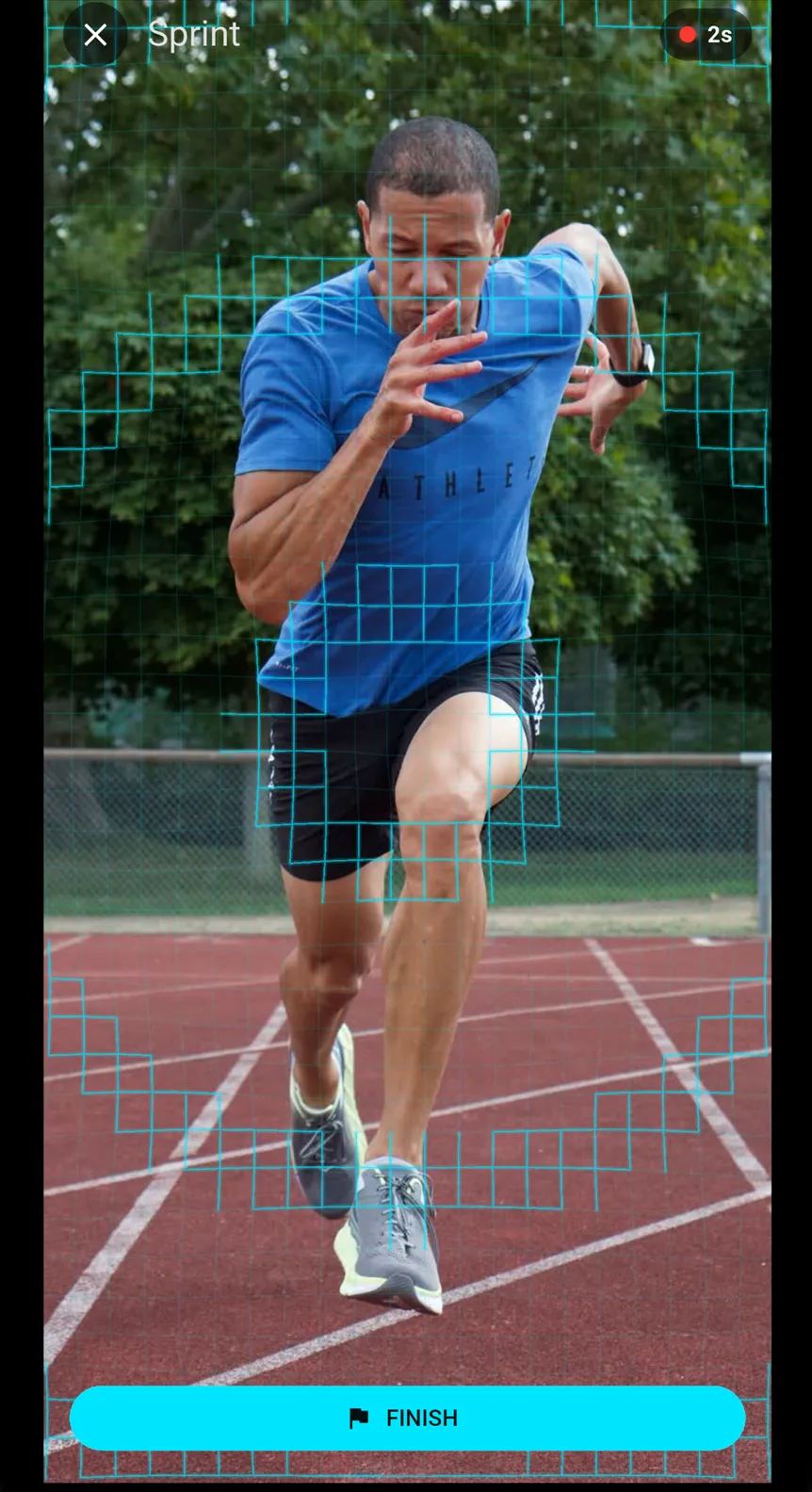 The recording screen: a cyan scanning mesh over a sprinter mid-stride