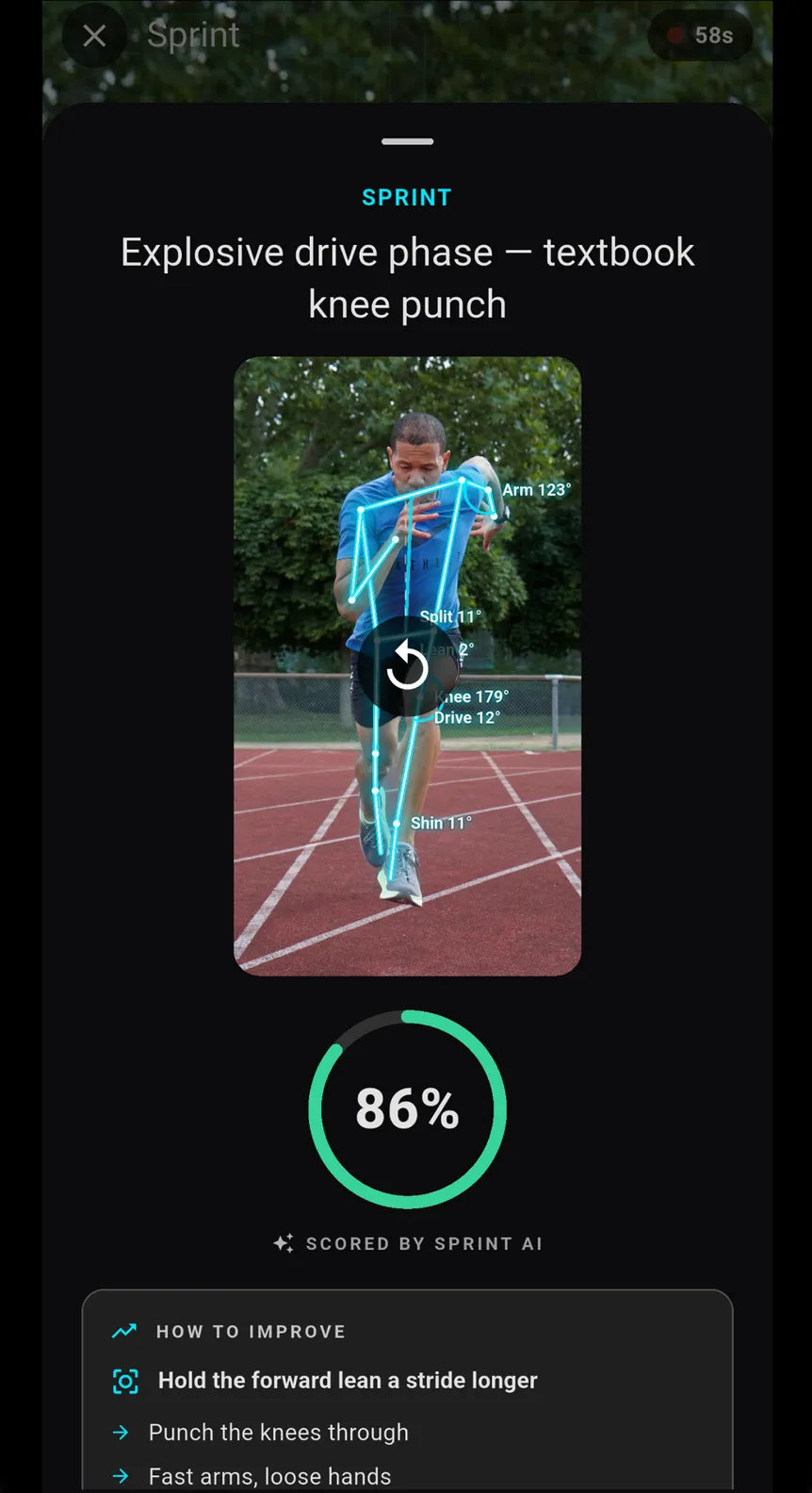 The results screen: skeleton replay with joint angles, an 86% score and how-to-improve cues