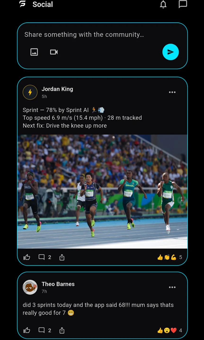 The Social tab: athletes sharing scored runs and personal bests